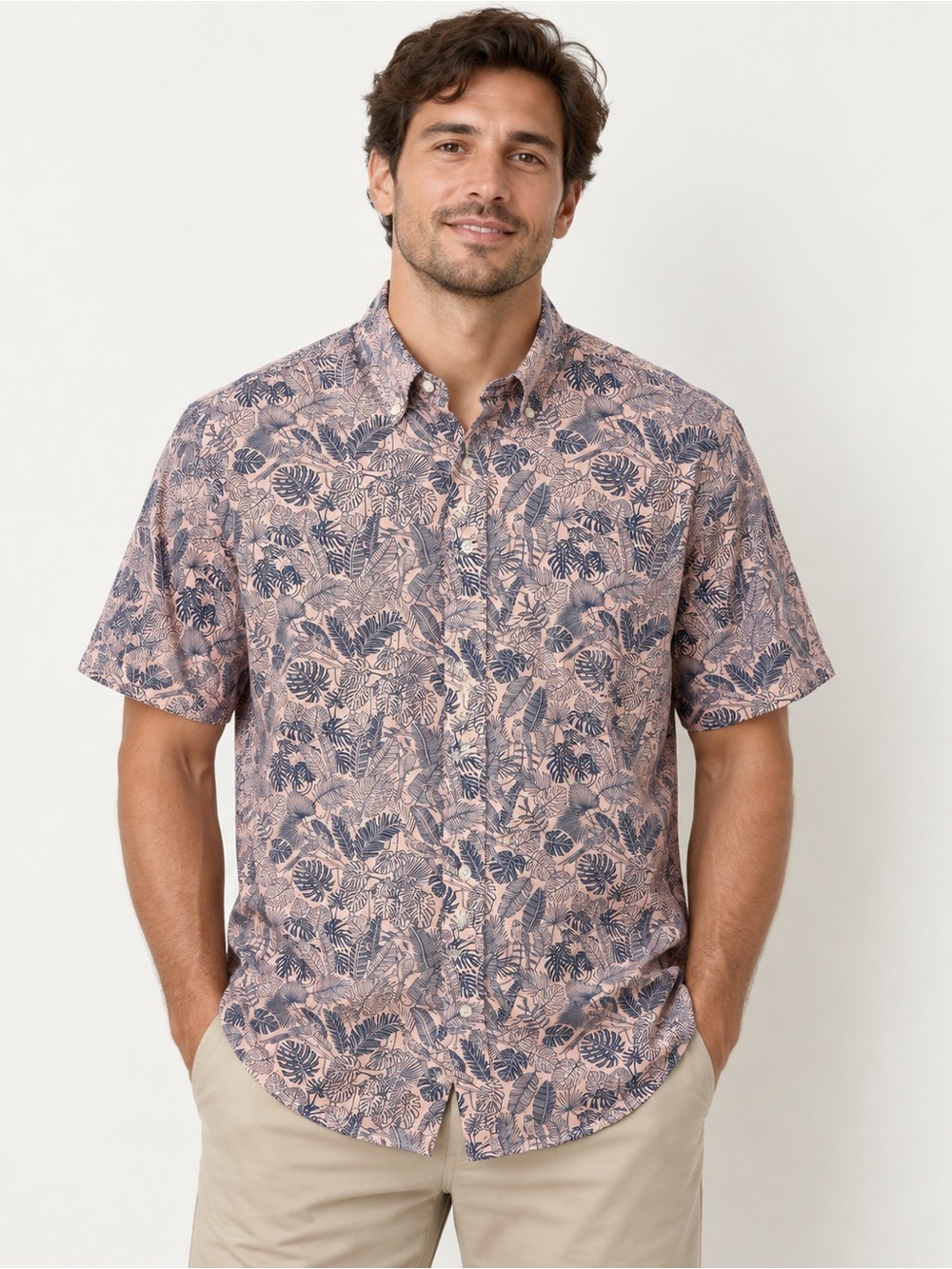 Goodthreads Men’s Large Tall Tropical Print Short Sleeve Cotton Shirt